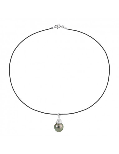 Collier Lien Cordon Pendentif Perle de Tahiti Cerclée 9-10 mm - Argent 925 - PADINTAMO