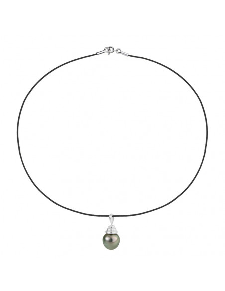 Collier Lien Cordon Pendentif Perle de Tahiti Cerclée 9-10 mm - Argent 925 - PADINTAMO