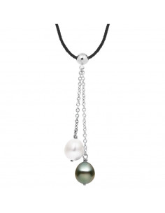 Collier Lien Cordon Noir Toi et Moi - Perle de Tahiti...