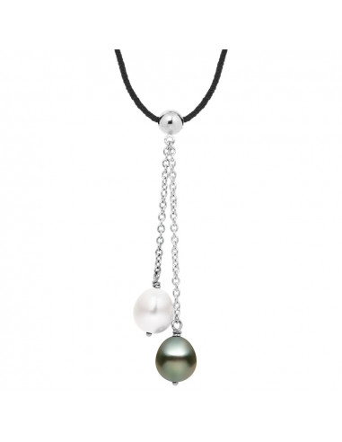 Collier Lien Cordon Noir Toi et Moi - Perle de Tahiti Poire 8-9 mm - Argent 925 - TUPAI