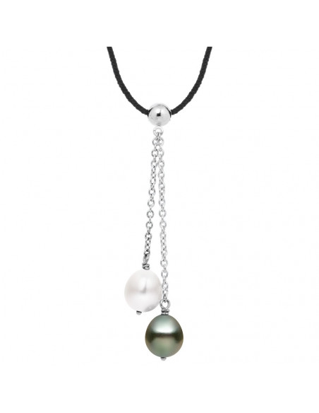 Collier Lien Cordon Noir Toi et Moi - Perle de Tahiti Poire 8-9 mm - Argent 925 - TUPAI