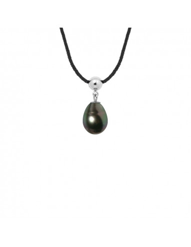 Collier Lien Cordon Noir Perle de Tahiti Poire 9-10 mm - Argent 925 - TETIARAO