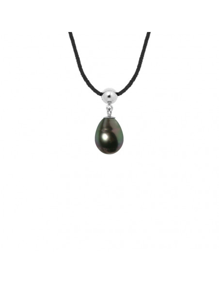 Collier Lien Cordon Noir Perle de Tahiti Poire 9-10 mm - Argent 925 - TETIARAO