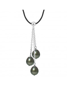 Collier Lien Cordon Noir 3 Perles de Tahiti Poires 8-9 mm...