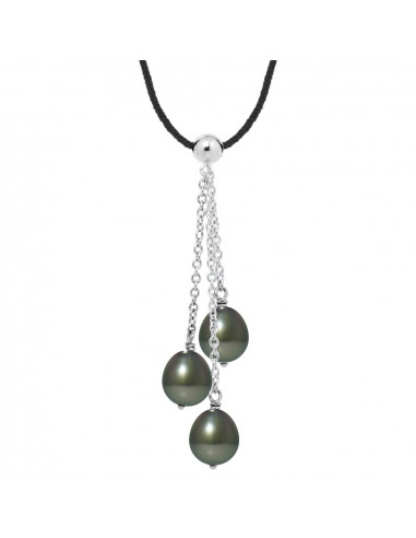 Collier Lien Cordon Noir 3 Perles de Tahiti Poires 8-9 mm - Argent 925 - TUPAGAI