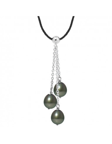 Collier Lien Cordon Noir 3 Perles de Tahiti...