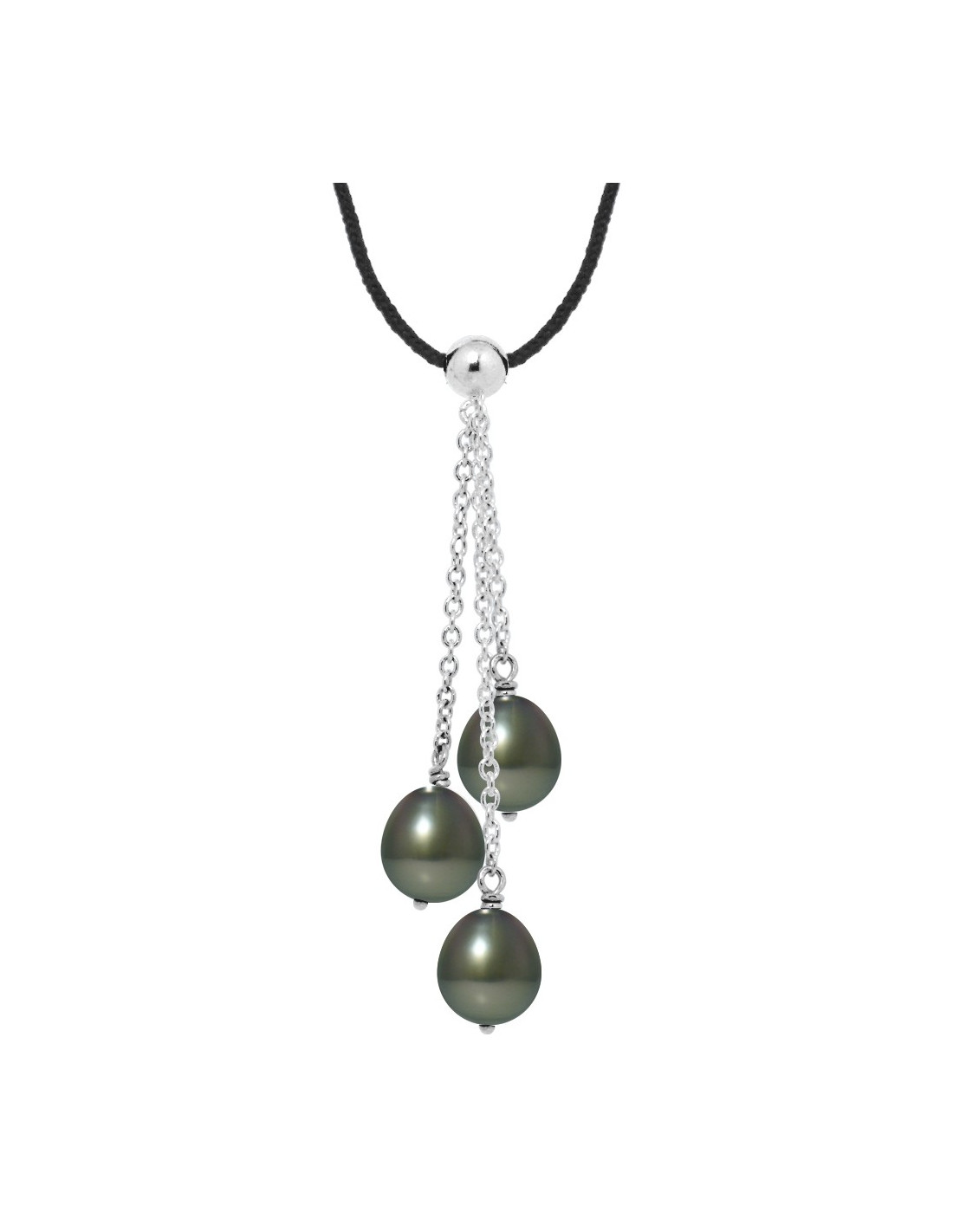 Collier Lien Cordon Noir 3 Perles de Tahiti Poires 8-9 mm - Argent