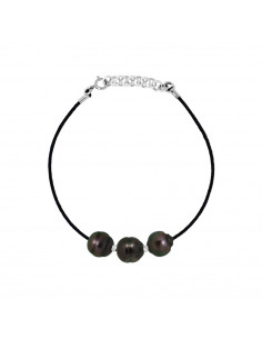 Black Cord Link Bracelet 3 Tahitian Beads Circled 9-10 mm...