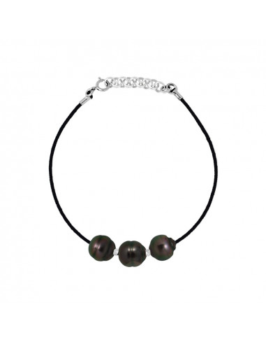 Black Cord Link Bracelet 3 Tahitian Beads...