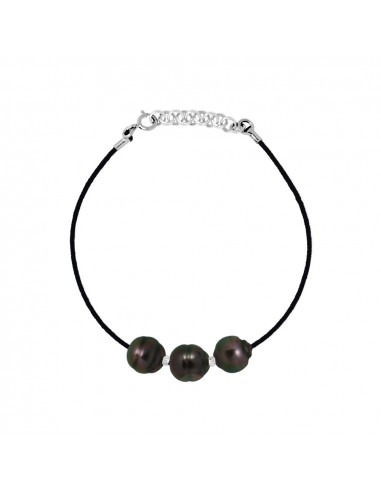 Bracelet Lien Cordon Noir 3 Perles de Tahiti Cerclées 9-10 mm - Argent 925 - INAONA