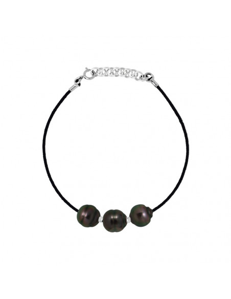 Black Cord Link Bracelet 3 Tahitian Beads Circled 9-10 mm - Silver 925 - Inaona
