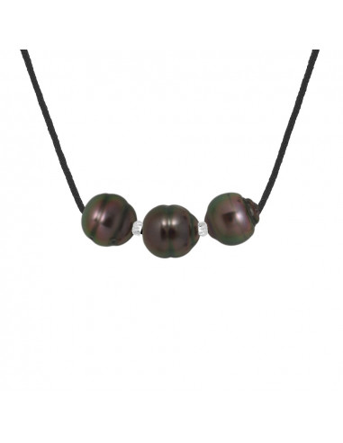 Collier Lien Cordon Noir 3 Perles de Tahiti Cerclées 9-10 mm - Argent 925 - INAONA