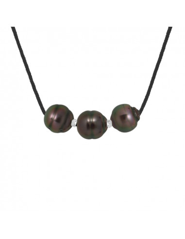 Collier Lien Cordon Noir 3 Perles de Tahiti...