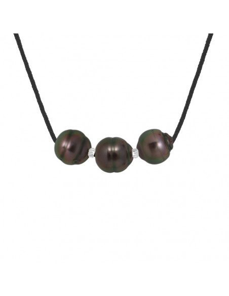 Collier Lien Cordon Noir 3 Perles de Tahiti Cerclées 9-10 mm - Argent 925 - INAONA