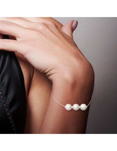 Bracelet PRESTIGE 3 Perles Rondes 9-10 mm - Chaine Forçat - Or 375 - MASSY