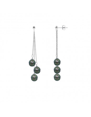 Boucles d'Oreilles Pendantes 6 Perles de Culture de Tahiti Cerclées 8-9 mm - Argent 925 - ROGANGA