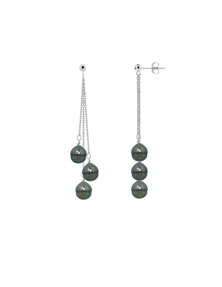 Boucles d'Oreilles Pendantes 6 Perles de Culture de Tahiti Cerclées 8-9 mm - Argent 925 - ROGANGA
