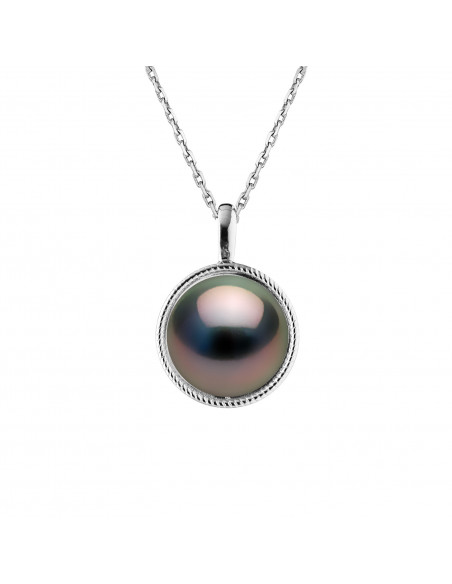 Collier Perle de Tahiti Ronde 10-11 mm - Entourage Guilloché - Or 375 - OIA