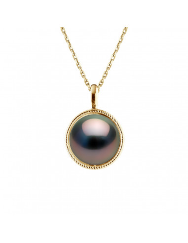 Collier Perle de Tahiti Ronde 10-11 mm - Entourage Guilloché - Or 375 - OIA