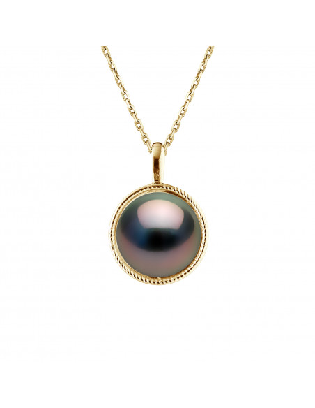 Collier Perle de Tahiti Ronde 10-11 mm - Entourage Guilloché - Or 375 - OIA
