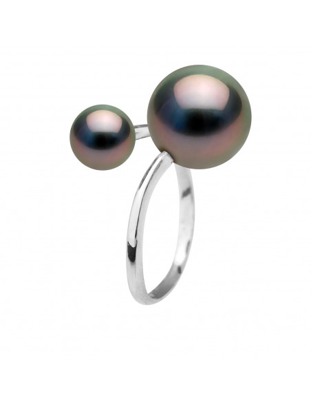 Bague Jonc Duo Perles de Tahiti Rondes 7-8 mm et 11-12 mm - Or 375 - MAUPITI