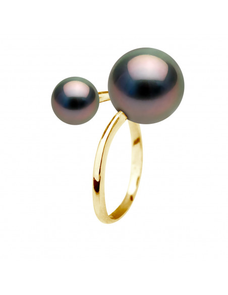 Bague Jonc Duo Perles de Tahiti Rondes 7-8 mm et 11-12 mm - Or 375 - MAUPITI