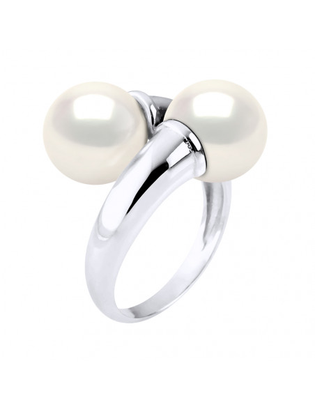 Bague Toi & Moi Perles Rondes 9-10 mm - Plusieurs Coloris - Argent 925 - CAGNES