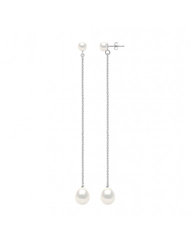 Boucles d'Oreilles Pendantes Perles Boutons 5-6 mm et Poires 8-9 mm - Système Poussettes - Or 375 - FRIEDLAND