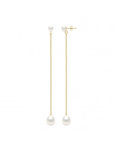 Boucles d'Oreilles Pendantes Perles Boutons 5-6 mm et Poires 8-9 mm - Système Poussettes - Or 375 - FRIEDLAND