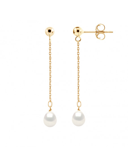 Boucles d'Oreilles Pendantes Perles Poires 7-8 mm - Système Poussettes - Or 375 - MARIVEAUX