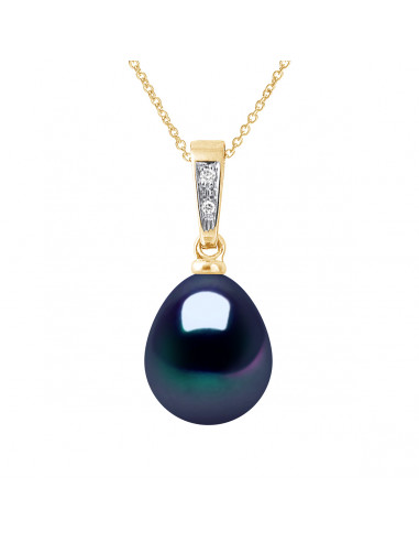 Pendentifs Joaillerie Perles Poires - Taille de 8 à 12 mm - Diamants 0.010 Cts - Or 375 - Chaîne Offerte - ELYSEE