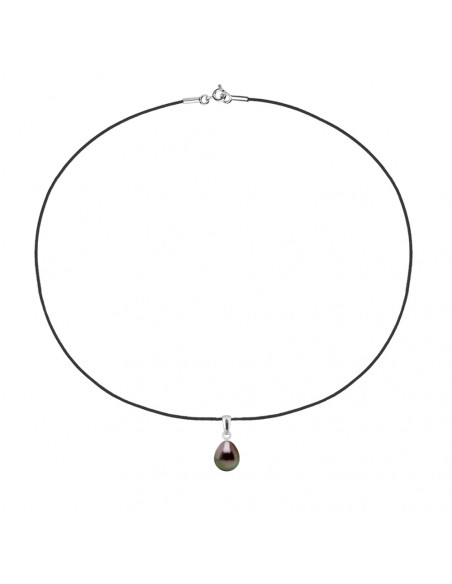 Collier Lien Cordon Noir Perle de Tahiti Poire 8-9 mm - Argent 925 - WAPATU
