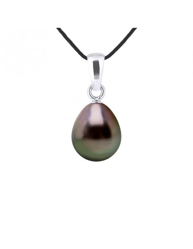 Collier Lien Cordon Noir Perle de Tahiti Poire 8-9 mm - Argent 925 - WAPATU