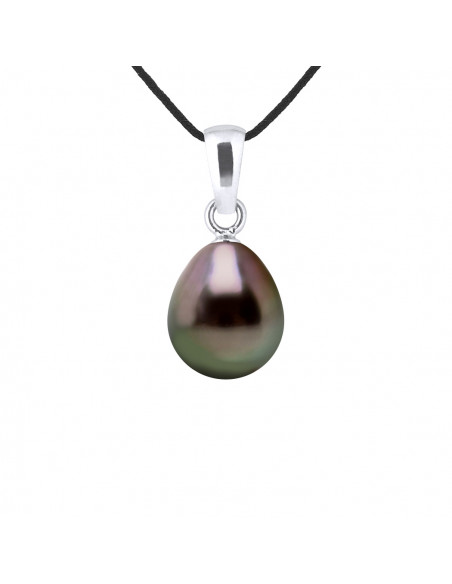 Collier Lien Cordon Noir Perle de Tahiti Poire 8-9 mm - Argent 925 - WAPATU