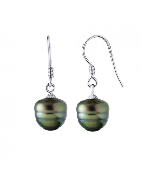 Boucles d'Oreilles Pendantes Perles de Tahiti Cerclées 9-10 mm - Argent 925 - NAKAMO