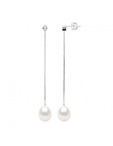 Boucles d'Oreilles Pendantes Perles Poires 8-9 mm - Diamants 0.020 Cts - Joaillerie Or 375 - MONTMORENCY