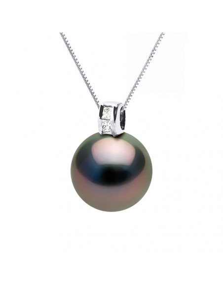 Pendentif Prestige Perle de Tahiti Ronde 11-12 mm - Diamant 0.040 Cts - Joaillerie Or 375 - MARATA
