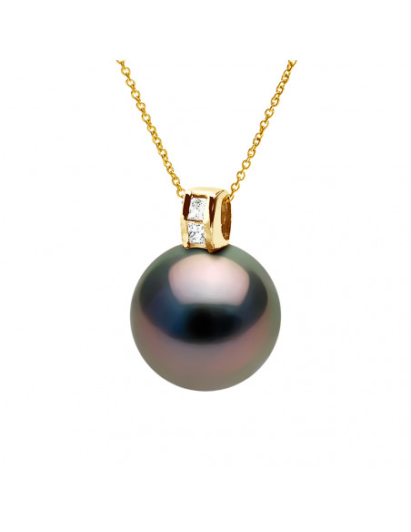 Round Tahitian Pearl Prestige Pendant 11-12 mm - Diamond 0.040 CTS - Jewelry Gold 375 - Marata