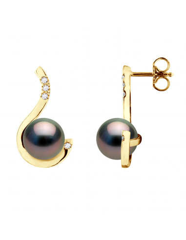 Boucles d'Oreilles PRESTIGE Perles de Tahiti Rondes 8-9 mm - Diamants 0.080 Cts - Joaillerie Or 375 -