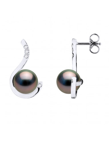 Boucles d'Oreilles PRESTIGE Perles de Tahiti Rondes 8-9 mm - Diamants 0.080 Cts - Joaillerie Or 375 -