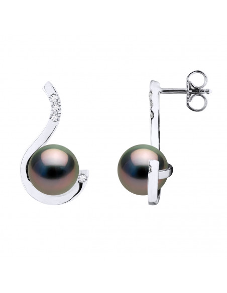 Round Tahiti Beads Prestige Earrings 8-9 mm - Diamonds 0.080 CTS - Jewelry Gold 375 -