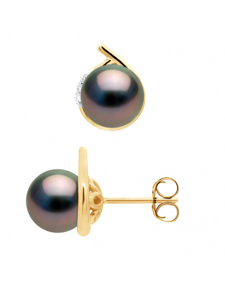 Round Tahitian Beads Earrings 7-8 mm - Diamonds 0.060 CTS - Jewelry Gold 375 - Rapanao