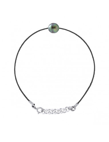 Bracelet Lien Cordon Noir Perle de Tahiti Cerclée 8-9 mm - Argent 925 - INANAHI