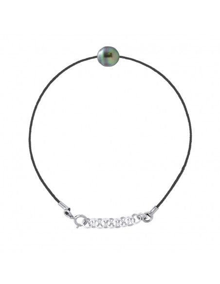 Bracelet Lien Cordon Noir Perle de Tahiti Cerclée 8-9 mm - Argent 925 - INANAHI