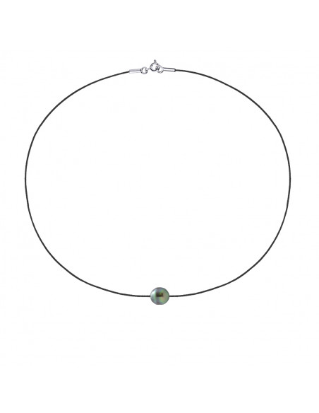 Collier Lien Cordon Noir Perle de Tahiti Cerclée 9-10 mm - Argent 925 - INANAHI