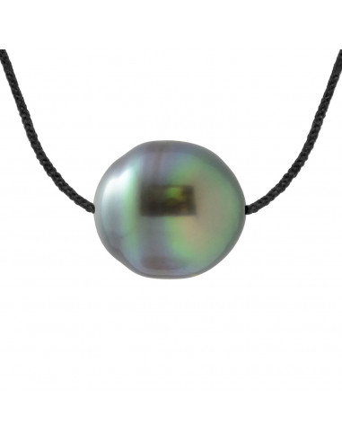 Collier Lien Cordon Noir Perle de Tahiti Cerclée 9-10 mm - Argent 925 - INANAHI