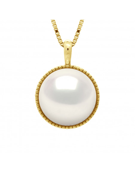 Collier Perle Bouton 10-11 mm - Entourage Guilloché - Chaîne Vénitienne  - Or 375 - PLAISIR