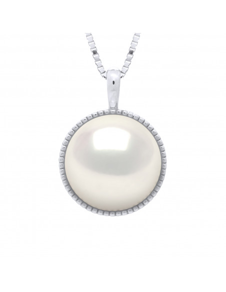 Collier Perle Bouton 10-11 mm - Entourage Guilloché - Chaîne Vénitienne  - Or 375 - PLAISIR