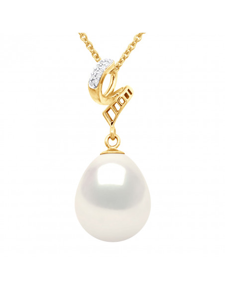 Pendentif PRESTIGE - Perle Poire 11-12 mm - Diamants 0.03 Cts - Chaine Offerte - Joaillerie Or 375 - MAINTENON