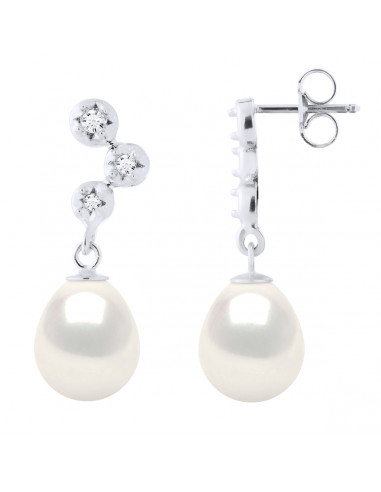 Boucles d'Oreilles Prestige Perles Poires 9-10 mm - Diamants 0.120 Cts - Joaillerie Or 375 - WAGRAM